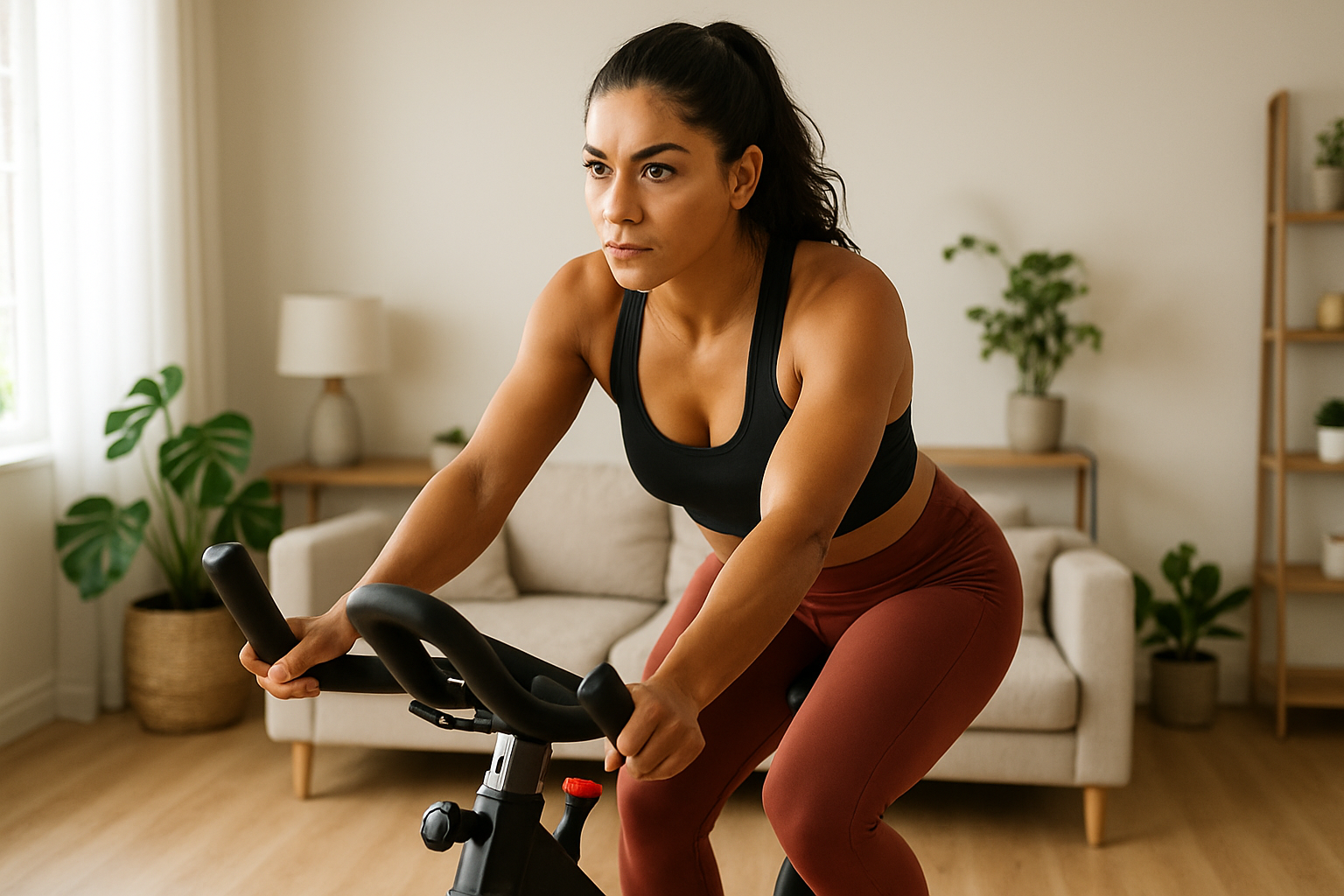 chica latina con cuerpo fitness haciendo ejercicio en una bicicleta de spinning en la sala de su hoga