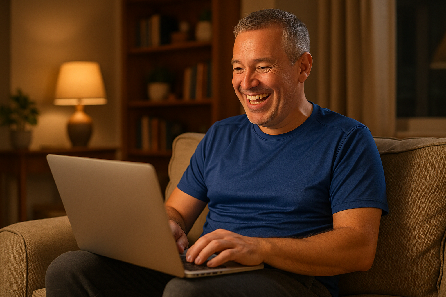 Hombre mayortrabajando en una laptop en la sala de su casa, que traiga ropa deportiva y que tenga cara de alegría porque ha ganado mucho dinero con sus ventas 