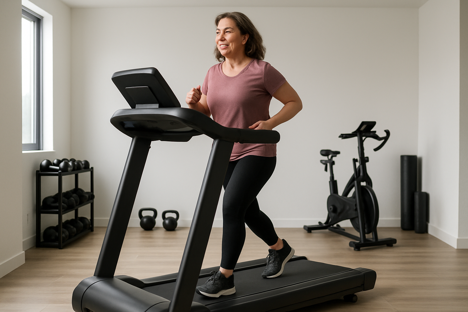 una mujer de más de 40 años en una caminadora en el interior de una sala. que sea una toma abierta que se perciba la caminadora y el cuerpo completo 